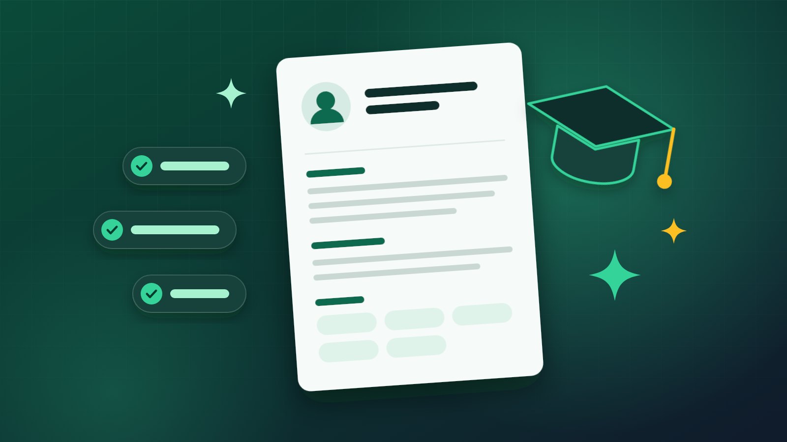 Illustration of a first CV beside a graduation cap, with ticked checklist items
