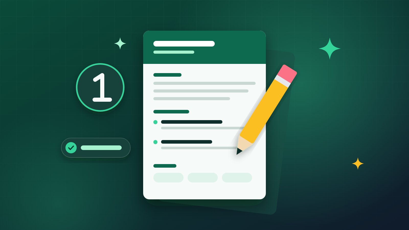 Illustration of a clean one-page resume with a pencil and a number one badge